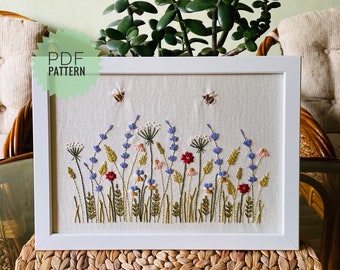 Botanical embroidery pattern, DIY handmade gift for her, Rectangular framed floral design