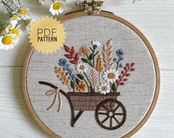 Flower wheelbarrow hand embroidery pattern, Floral garden cart Design, Cottagecore hoop art tutorial