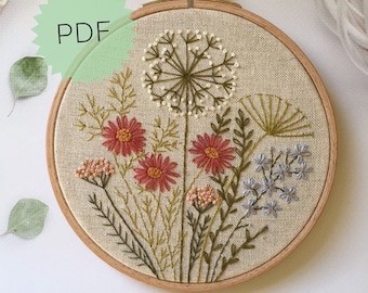 Embroidery Autumn Flowers and Herbs Pattern 5”, Botanical Fall Round Design PDF, DIY Wildflowers on the Meadow