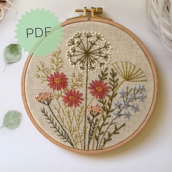 Embroidery Autumn Flowers and Herbs Pattern 5”, Botanical Fall Round Design PDF, DIY Wildflowers on the Meadow