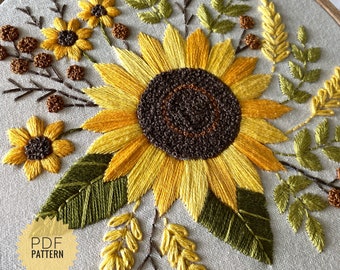 ひまわりページ ひまわりの手刺繍パターン、ヴィンテージの花柄デザイン 6インチフープ