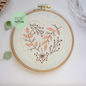 Heart with botanical ornament PDF pattern, Embroidery project Mother&#39;s Day or Valentine’s Day love gift, Floral heart shape DIY wall décor