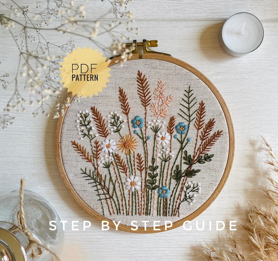 Fall wildflowers embroidery pattern, Autumn colors flowers and grasses meadow design