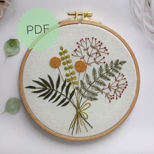 Bouquet of flowers and leaves PDF embroidery pattern 6”, Modern floral cottagecore wall art DIY project