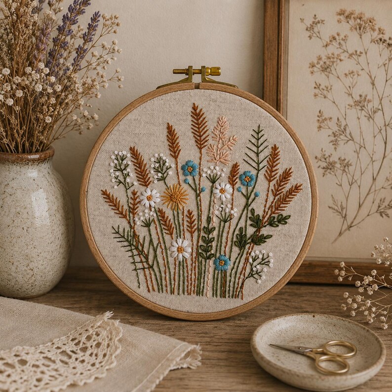 K&ouml;nnte beinhalten: Ein runder Stickrahmen aus Holz mit einem hellbeigen Stoff, der ein handgesticktes Motiv aus verschiedenen Wildblumen und Gr&auml;sern in Blau-, Wei&szlig;-, Gelb-, Gr&uuml;n- und Braunt&ouml;nen zeigt, inklusive einer Messingschraube am oberen Rand.