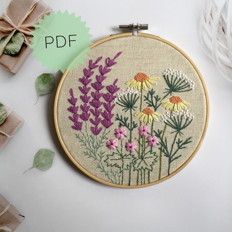 Botanical Embroidery Pattern 5, DIY Wildflowers Embroidery, Digital download Floral Embroidery Hoop Art, PDF Pattern For Hand Embroidery image 1