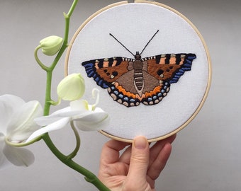 Butterfly embroidery hoop art, Insects lovers gift, Tortoiseshell 6" decor, Needle painting home decor