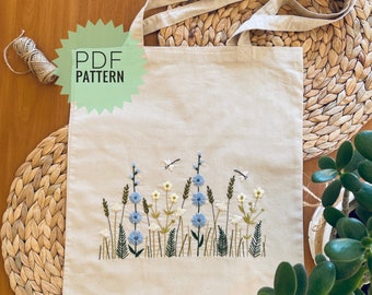 Botanical embroidery tote bag pattern, Shopper bag design, DIY embroidered floral border, Hand embroidery wildflowers PDF