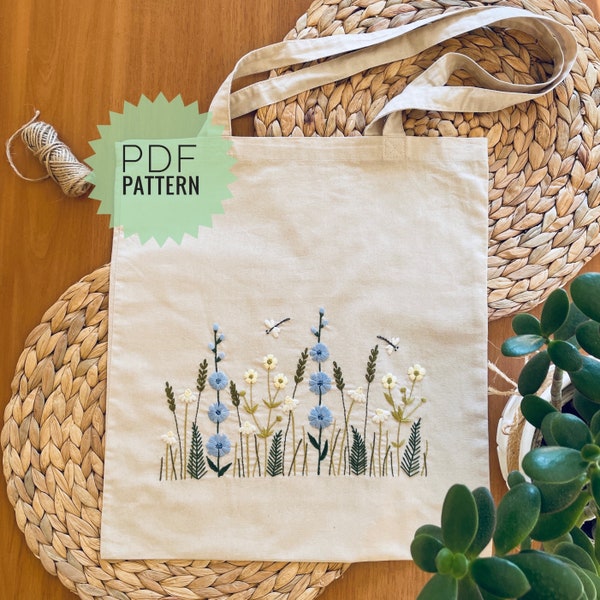 Botanical embroidery tote bag pattern, Shopper bag design, DIY embroidered floral border, Hand embroidery wildflowers PDF