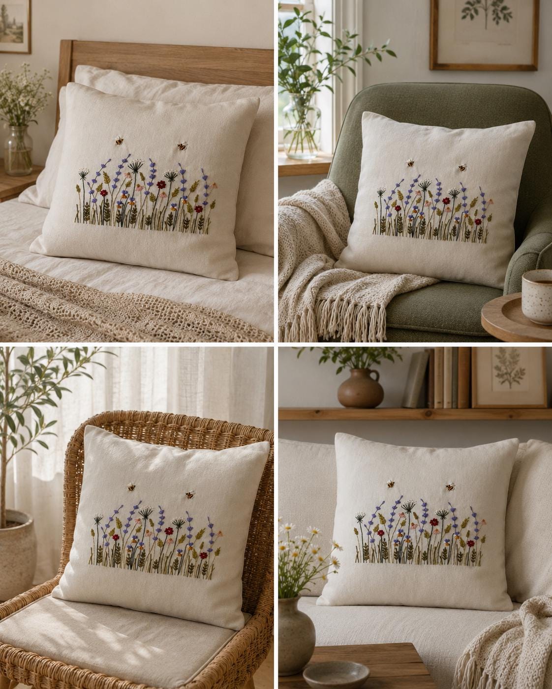 クッションカバーのPDF刺繍パターン、リネン枕カバーの植物柄デザイン