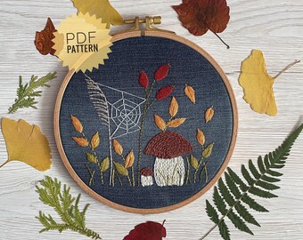 Mushroom embroidery pattern, Denim decor, Zero waste craft, Do-it-yourself autumn design from upcycled jeans