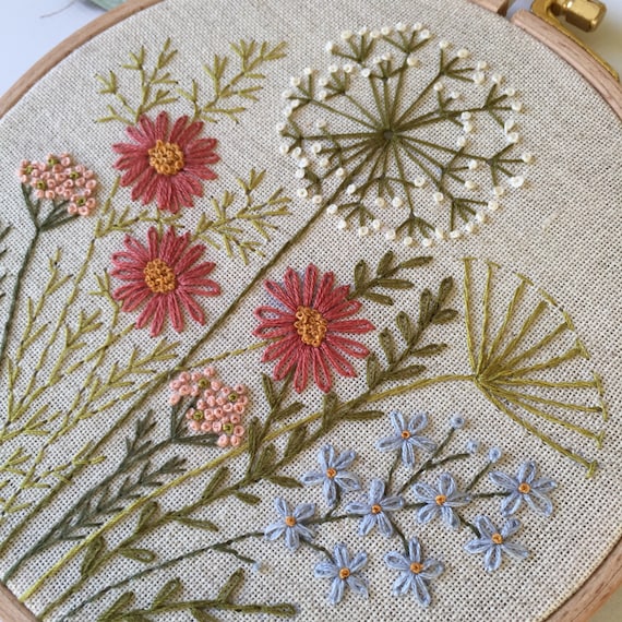 秋の花とハーブの刺繍パターン、ボタニカル刺繍5インチ、秋の