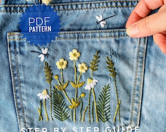 Floral Jeans Pocket Embroidery Pattern, Wildflower Hand Embroidery