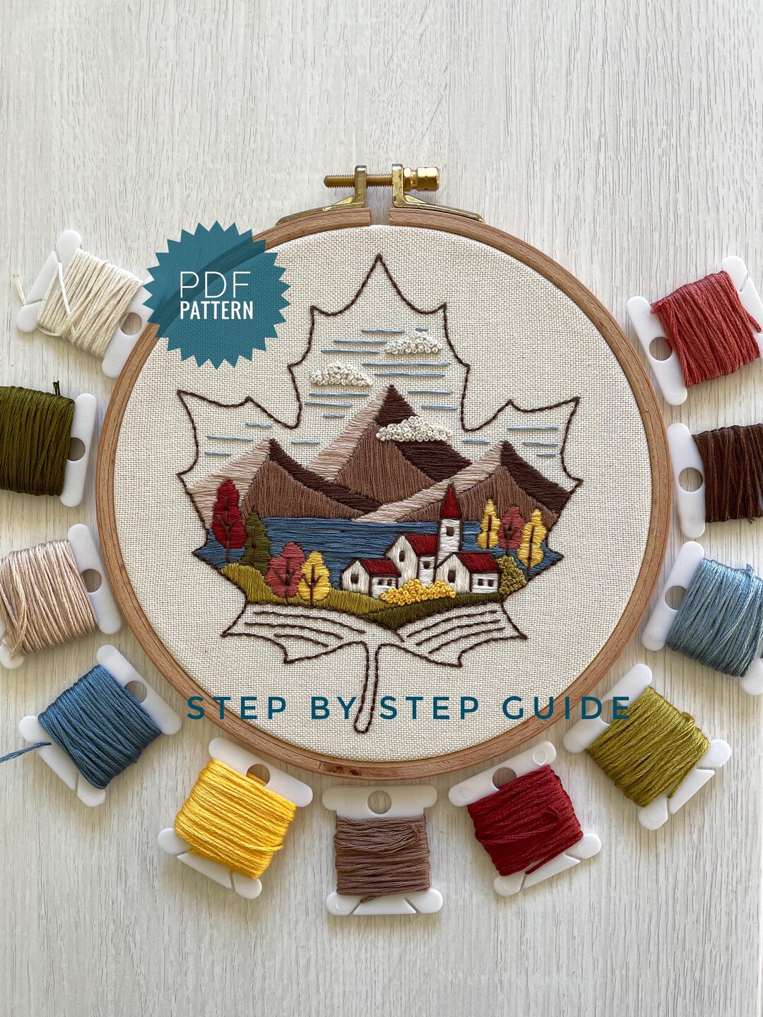 Autumn Maple Leaf Landscape Hand Embroidery PDF Pattern, Fall Mountain ...