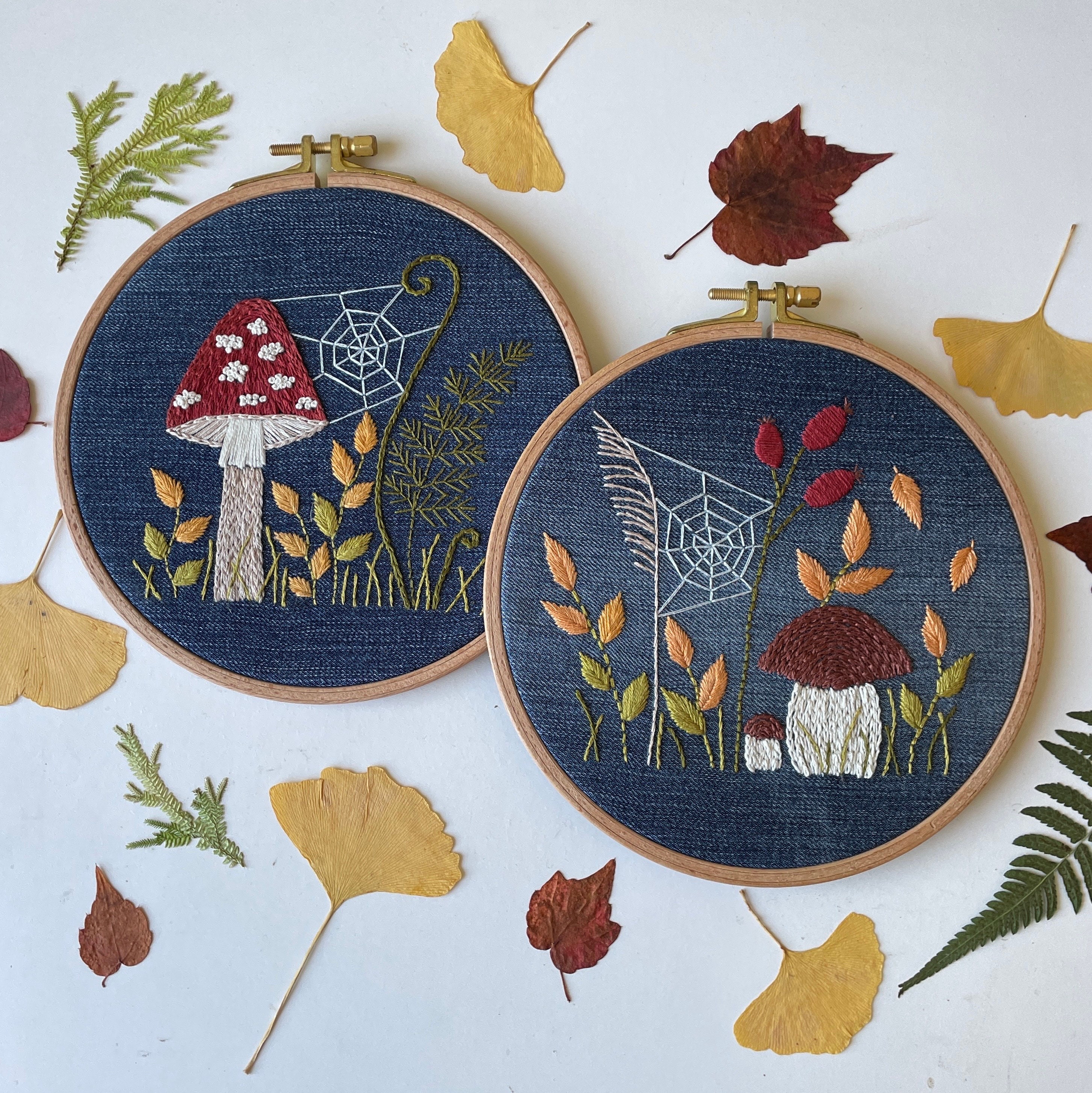 Bundle Mushroom Embroidery PDF Pattern on Denim, Designs Set, Zero