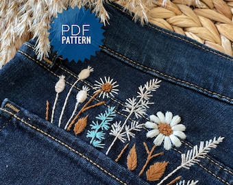 Stick and Stitch jeans embroidery pattern, Boho jeans pocket, Denim design with dried flowers