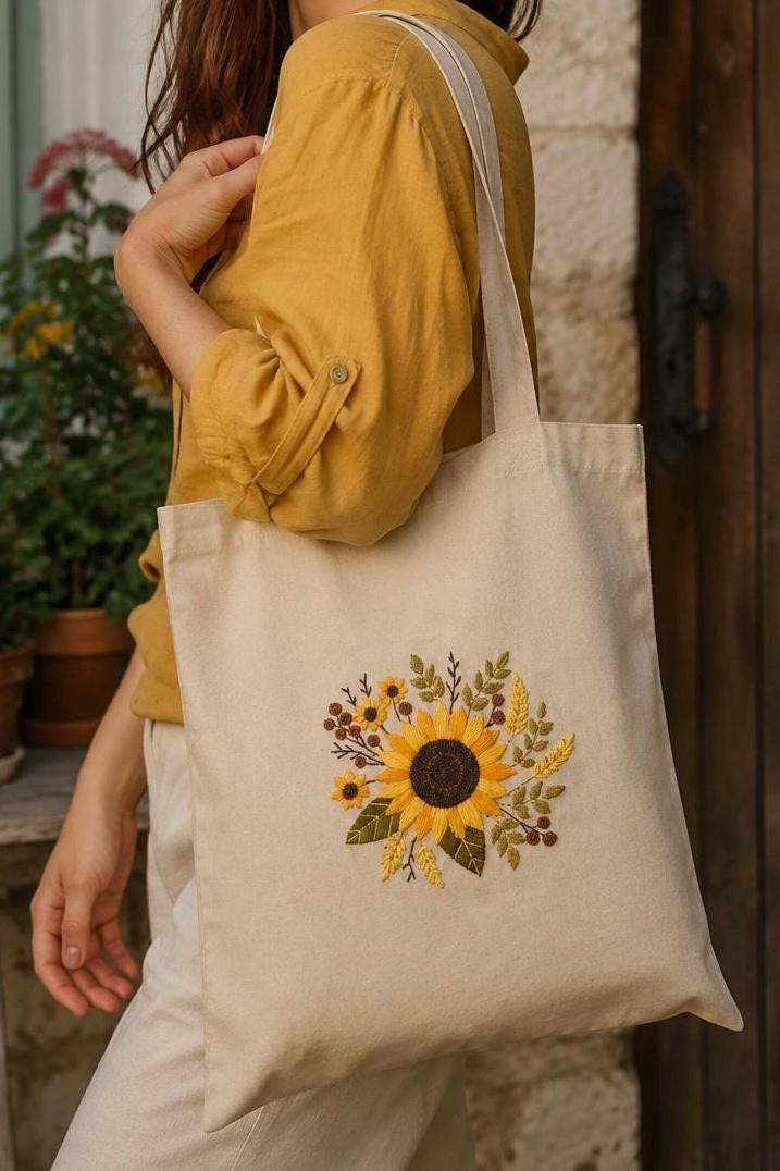 トートバッグのひまわり刺繍パターン、ショッピングバッグの手刺繍