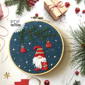 Christmas gnome embroidery pattern, Festive hand embroidery design PDF, DIY winter holidays ornament