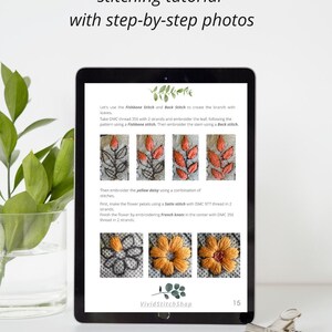 А digital screen displaying a step-by-step embroidery tutorial with photos. The tutorial shows how to embroider a branch with leaves using a fishbone stitch and a back stitch, and a yellow daisy using a satin stitch and French knots.