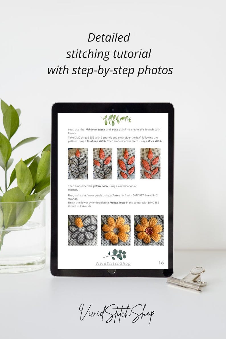 А digital screen displaying a step-by-step embroidery tutorial with photos. The tutorial shows how to embroider a branch with leaves using a fishbone stitch and a back stitch, and a yellow daisy using a satin stitch and French knots.