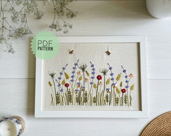 Floral border embroidery pattern, Botanical rectangular design, 16x26cm, Wildflowers and bees