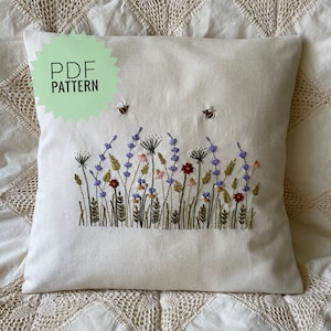 Patrón de bordado en PDF para fundas de cojín, fundas de almohada de lino con diseño botánico, decoración cottagecore, funda de almohada bordada DIY