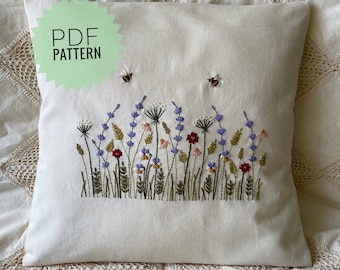 Cushion cover  PDF embroidery pattern, Linen  pillow cases botanical design, Cottagecore decor DIY embroidered pillowcase