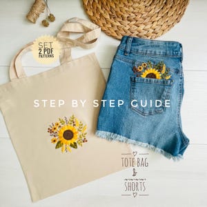 Shorts Pocket and Shopper sunflower embroidery pattern set, Digital download floral designs bundle