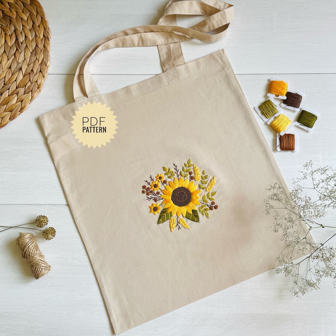 Tote Bag Sunflower Embroidery Pattern, Shopper Hand Embroidery