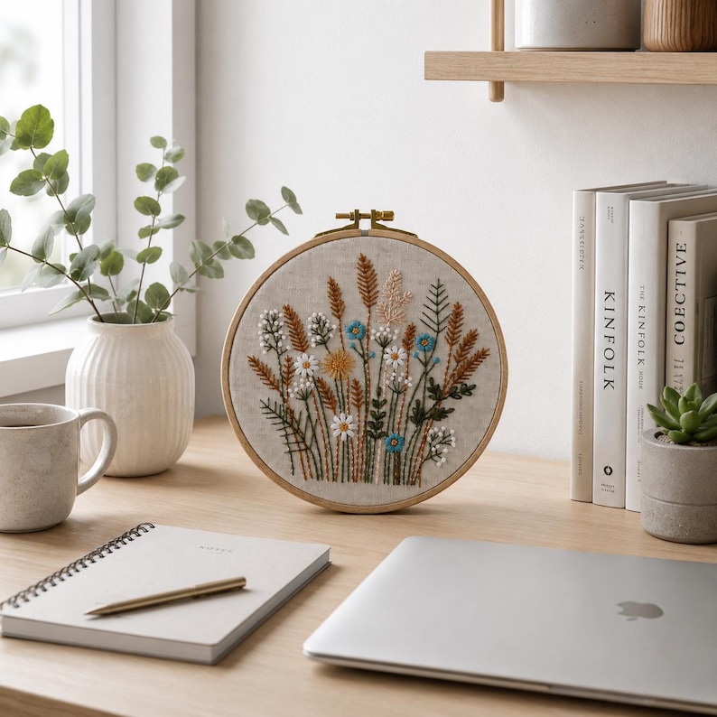 K&ouml;nnte beinhalten: Ein runder Stickrahmen aus Holz mit einem beigen Stoffeinsatz, der handgestickte botanische Motive zeigt. Die Stickerei besteht aus verschiedenen Wildblumen, Gr&auml;sern und Weizen&auml;hren in den Farben Wei&szlig;, Blau, Gelb und Braun auf hellem Grund.