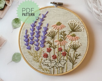Wilde bloemen borduurwerk rond botanisch ontwerp, bloemenborduurwerk PDF-patroon 5&quot;, Autumn on the Meadow Hoop Art DIY