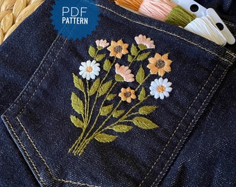 刺繍ジーンズのひまわりのポケット、ヴィンテージパターン、花の手刺繍