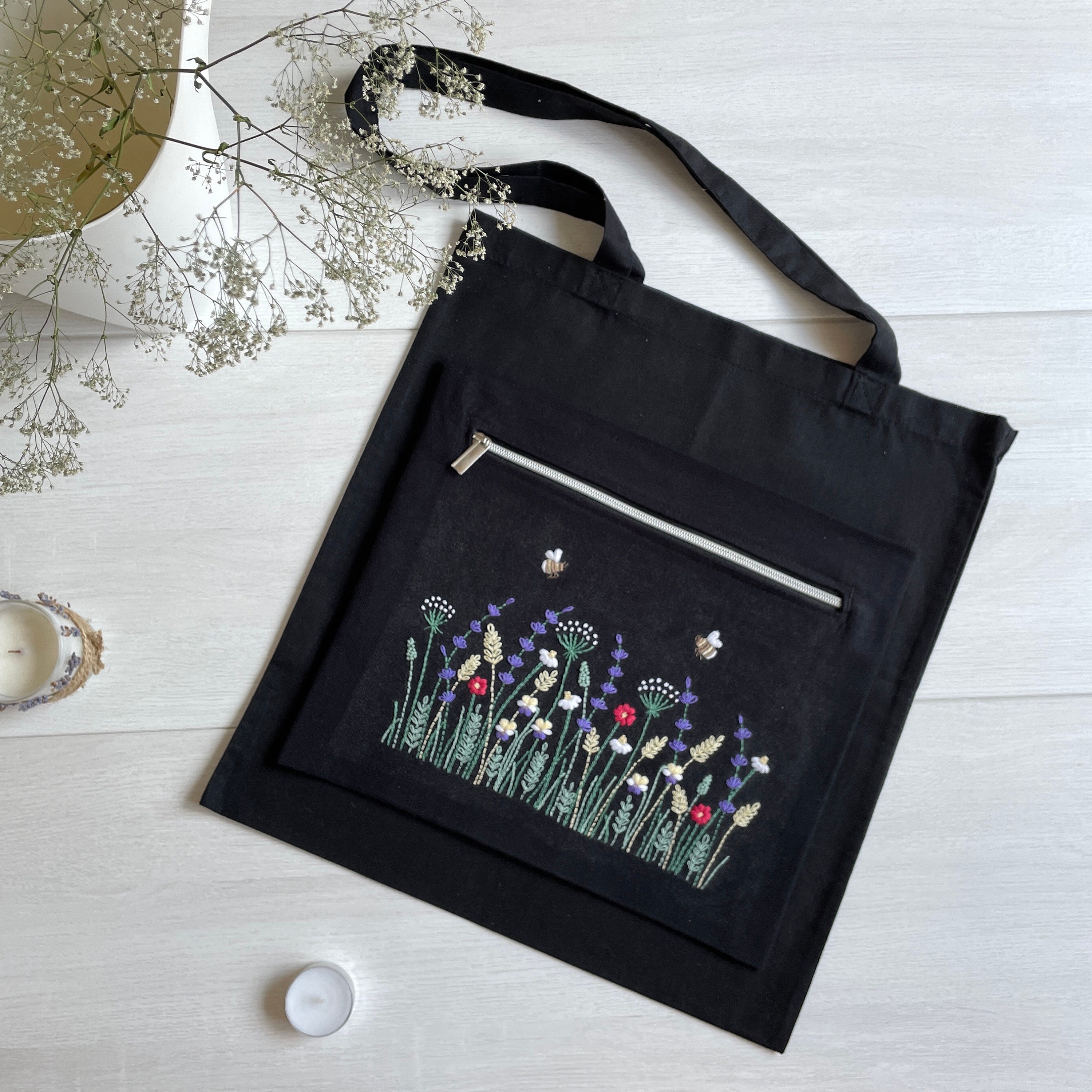 激安大特価！ 黒のトートバッグの植物刺繍パターン、花柄の黒のバッグのDIY バッグ