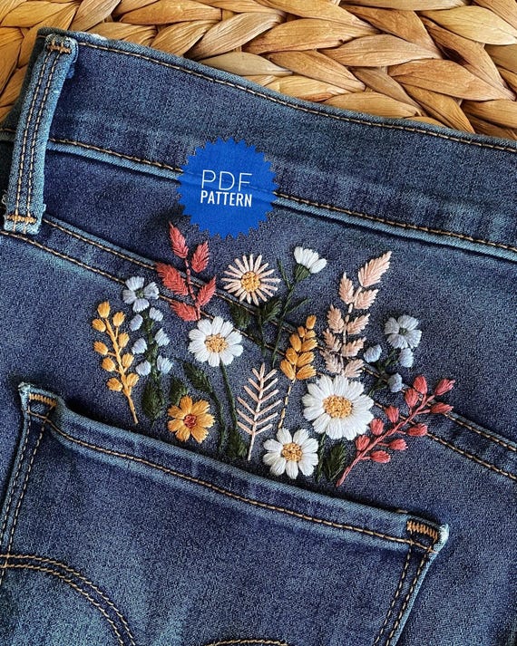 Floral embroidery for jeans and shirt pockets, Hand embroidered clothing design, Digital PDF pattern