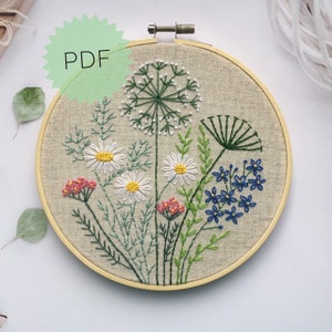 Creative Embroidery Flowers and Herbs Pattern 5”, Needlepoint Floral Wall Art PDF, DIY Round Botanical Design