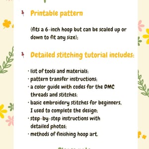 K&ouml;nnte beinhalten: Ein digitales Dokument mit dem Titel Your purchase includes: das ein druckbares Muster f&uuml;r einen 15,24 cm Stickrahmen und eine detaillierte Stickanleitung enth&auml;lt. Der Text listet Werkzeuge, Materialien, Transferanleitungen, DMC-Farbleitfaden, Grundstiche und Abschlussmethoden auf Englisch auf.