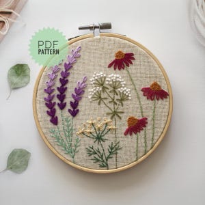 Easy flowers small embroidery pattern, Wildflowers embroidery design PDF, DIY hand embroidery hoop art 5”, Digital download floral design