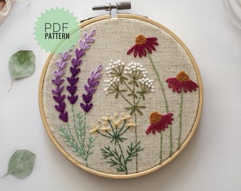 DIY簡単花手刺繍PDFパターン、ボタニカルフープアート5インチ