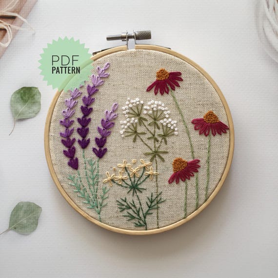 DIY簡単花手刺繍PDFパターン、ボタニカルフープアート5インチ