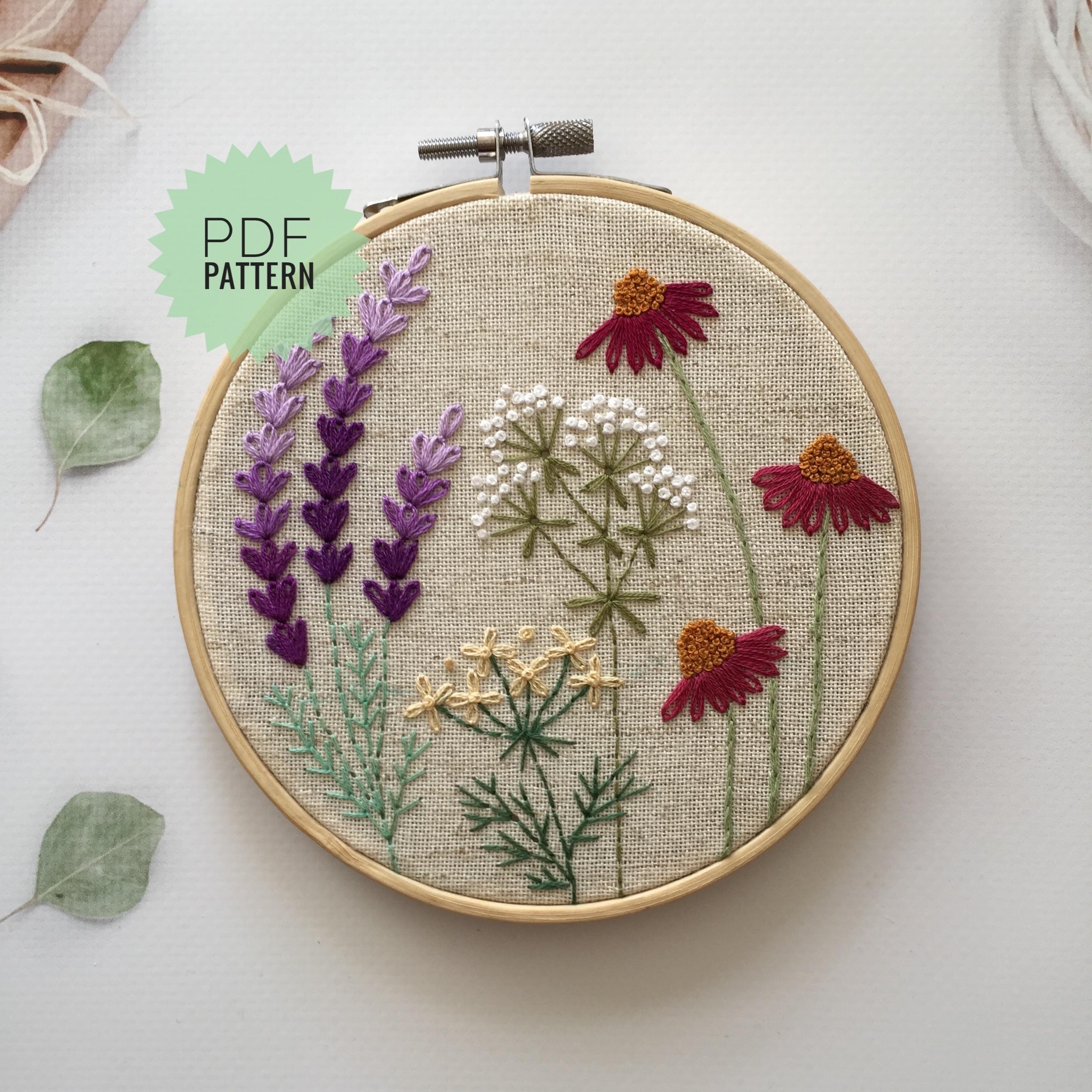DIY簡単花手刺繍PDFパターン、ボタニカルフープアート5インチ