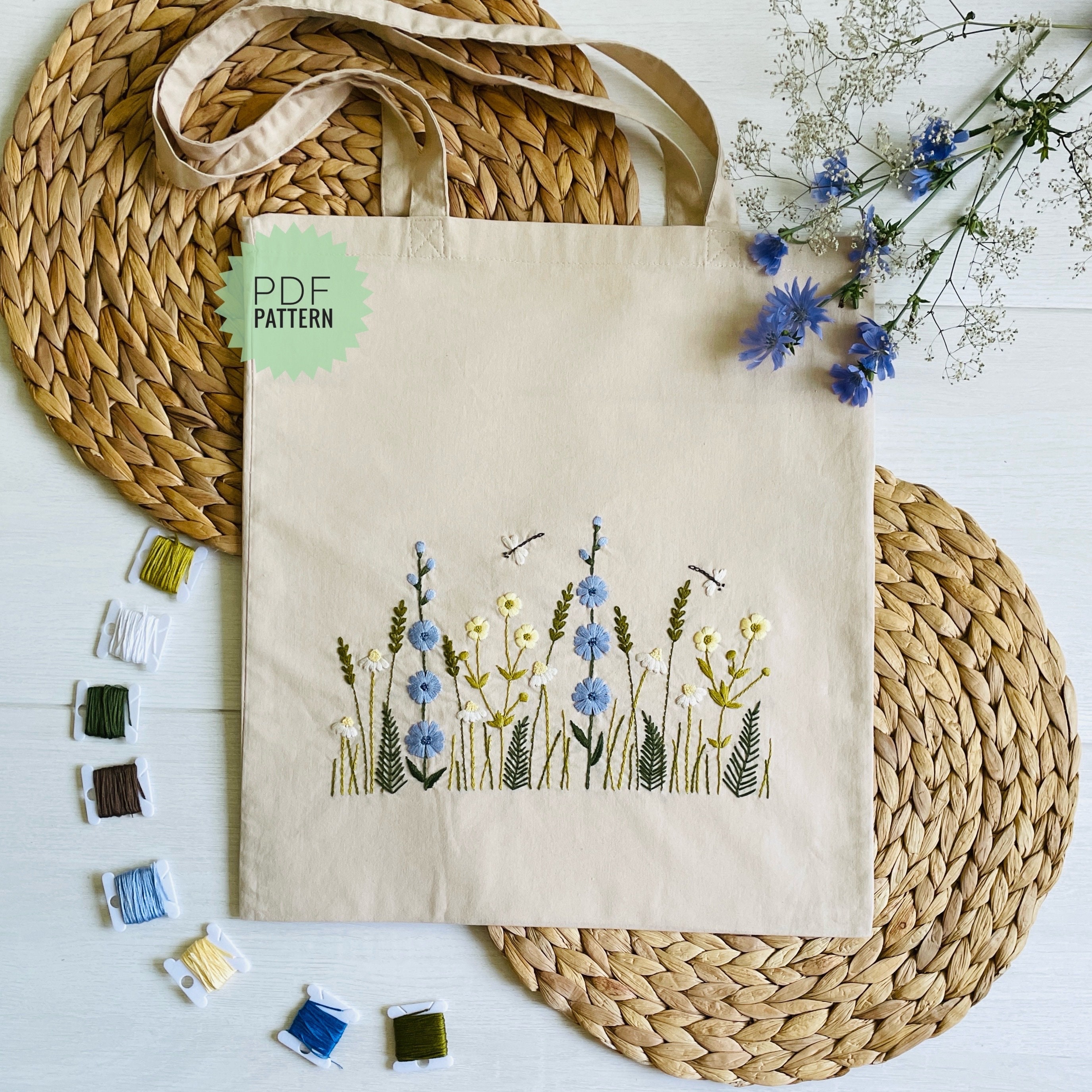 Wildflower Embroidery Tote Bag Pattern, DIY Floral Border 