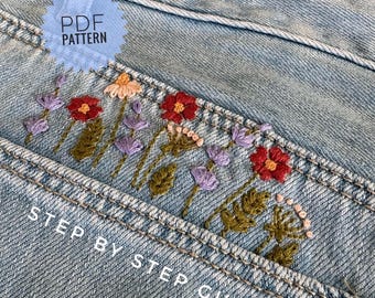 ショートパンツやジーンズのポケットにひまわりの刺繍、デニム用の手