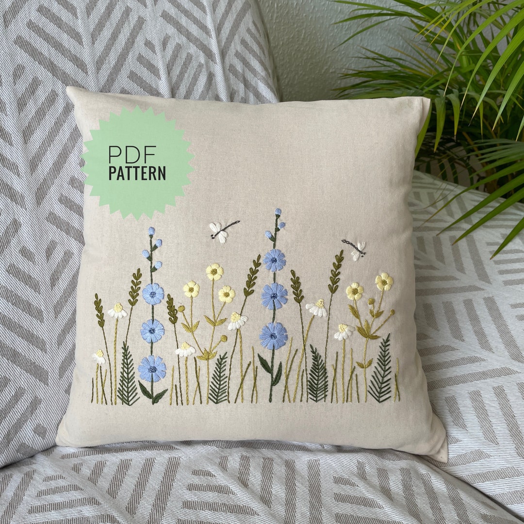 Buy Design for Cushion Cover Hand Embroidery, Floral Meadow and Dragonflies  PDF Pattern Online in India