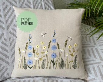 Wildflowers border pillow embroidery pattern, Hand embroidery design for cushion cover with floral meadow and dragonflies