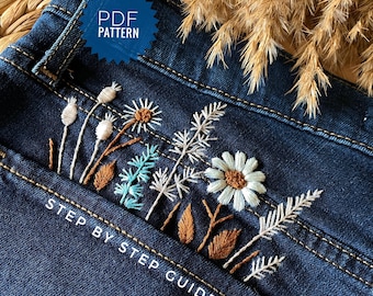 Stick and Stitch jeans embroidery pattern, Boho jeans pocket, Denim design with dried flowers