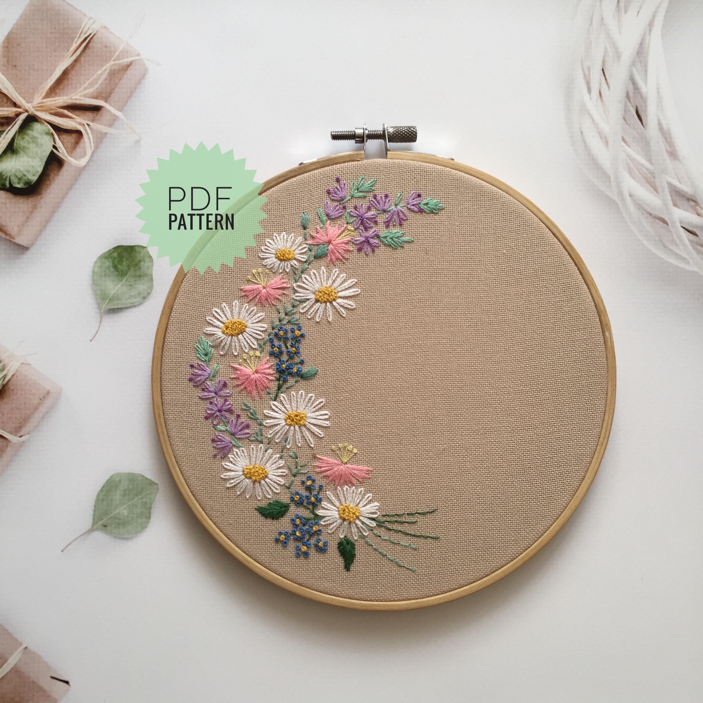 ワイルドフラワーリース刺繍パターン、DIYニードルポイントデザイン