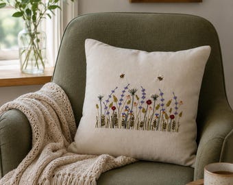 クッションカバーのPDF刺繍パターン、リネン枕カバーの植物柄デザイン