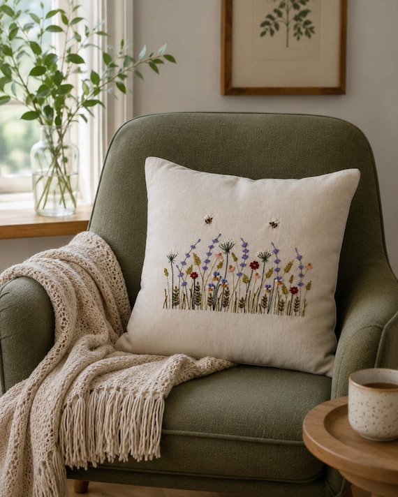 クッションカバーのPDF刺繍パターン、リネン枕カバーの植物柄デザイン
