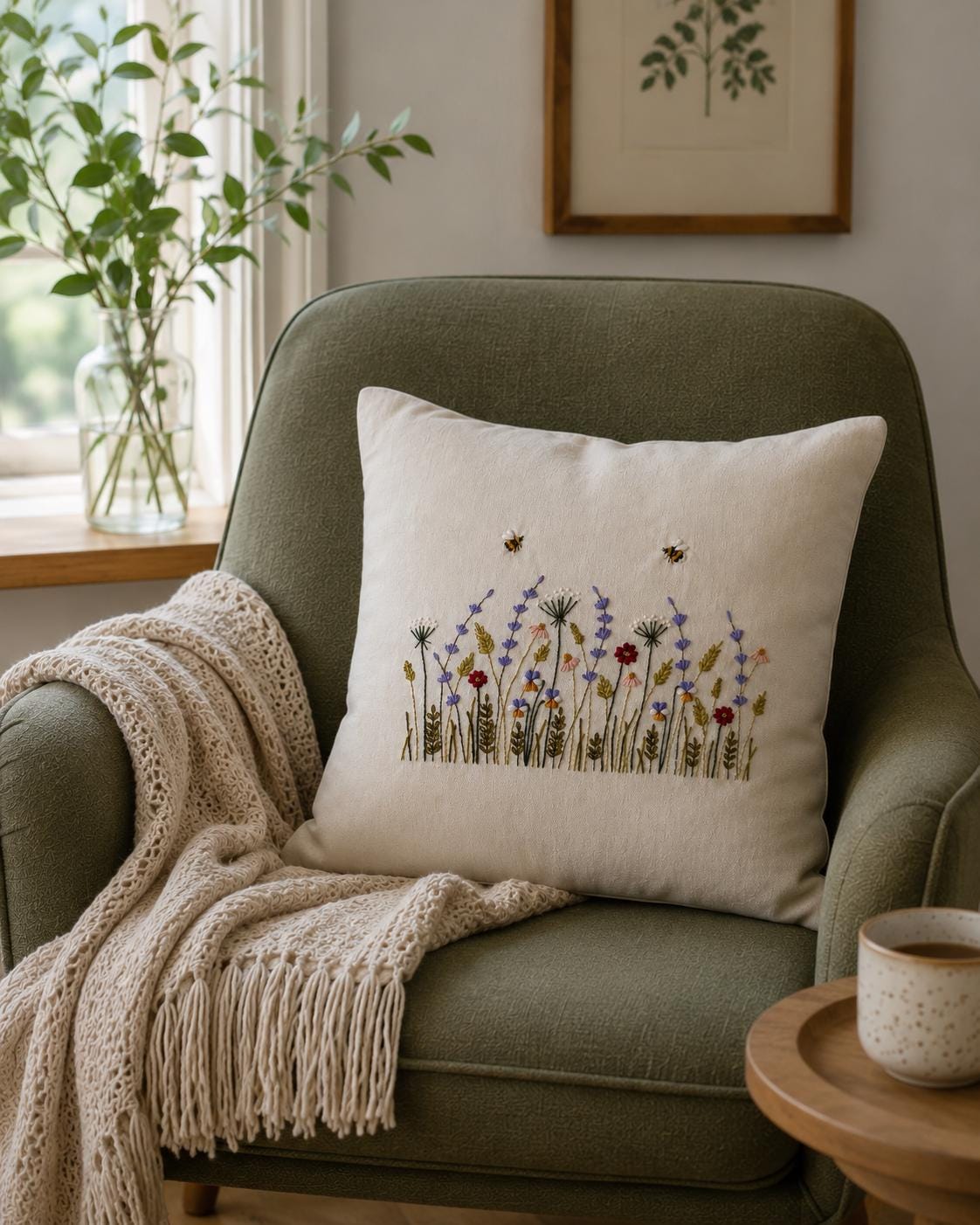 クッションカバーのPDF刺繍パターン、リネン枕カバーの植物柄デザイン