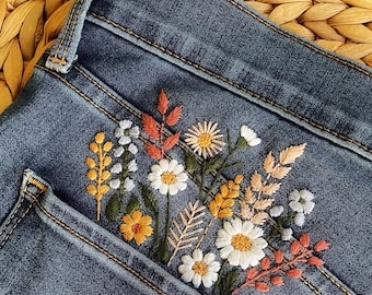 ジーンズやシャツのポケット用花柄刺繍、手刺繍の服飾デザイン